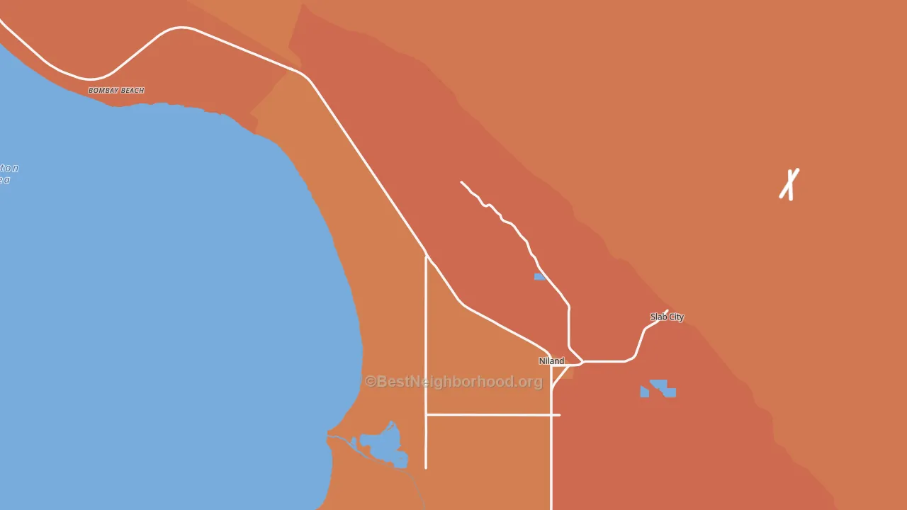 Map of the best neighborhoods in the Niland area, with better matches in green and worse matches in red