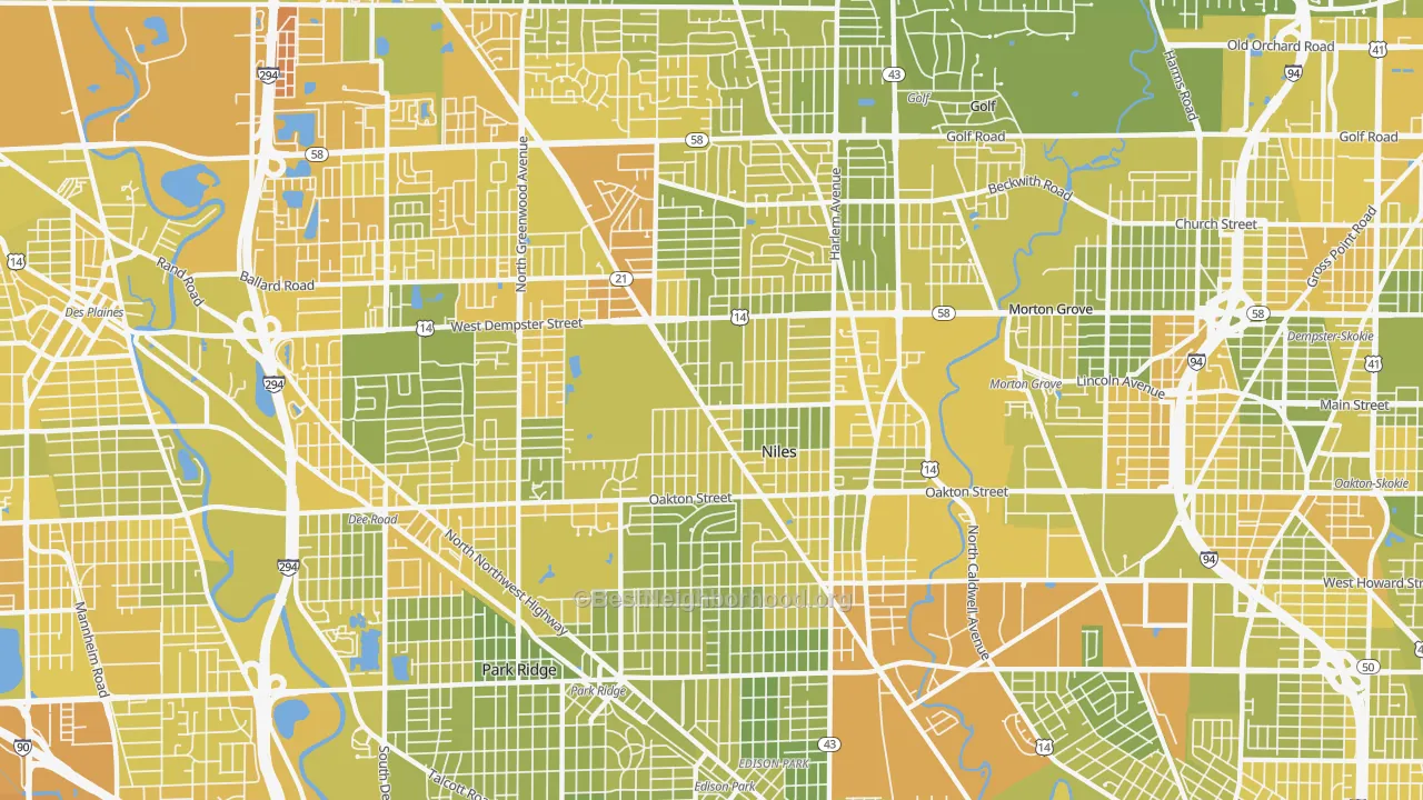 Map of the best neighborhoods in the Niles area, with better matches in green and worse matches in red