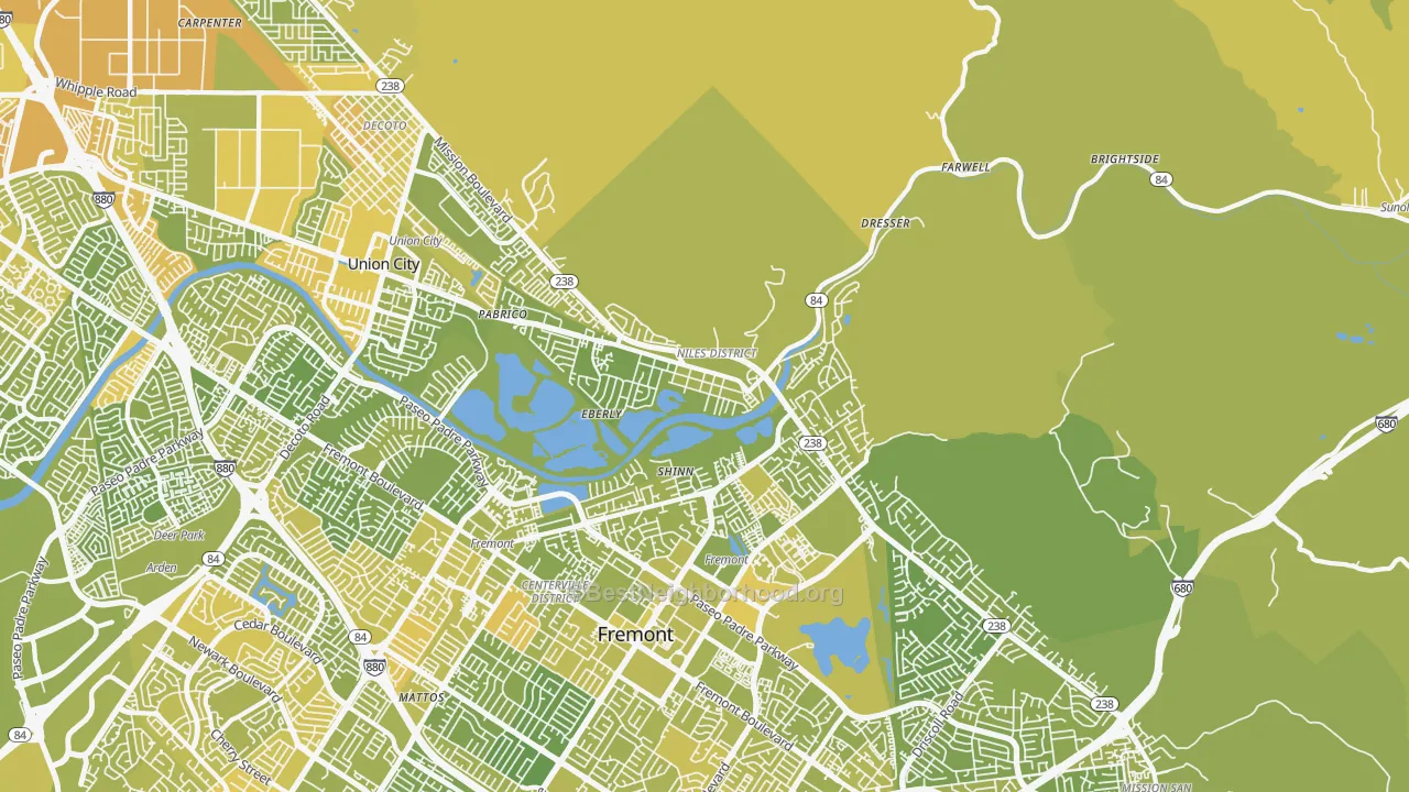 Map of the best neighborhoods in the Niles Junction, Fremont area, with better matches in green and worse matches in red