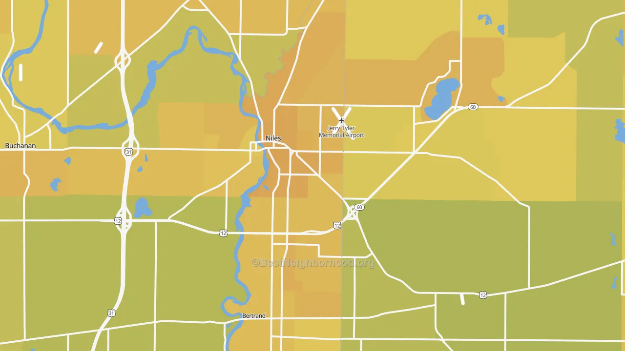 Map of the best neighborhoods in the Niles Metro area, with better matches in green and worse matches in red