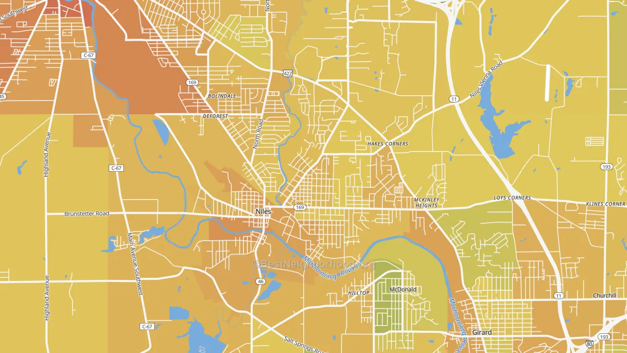 Map of the best neighborhoods in the Niles area, with better matches in green and worse matches in red