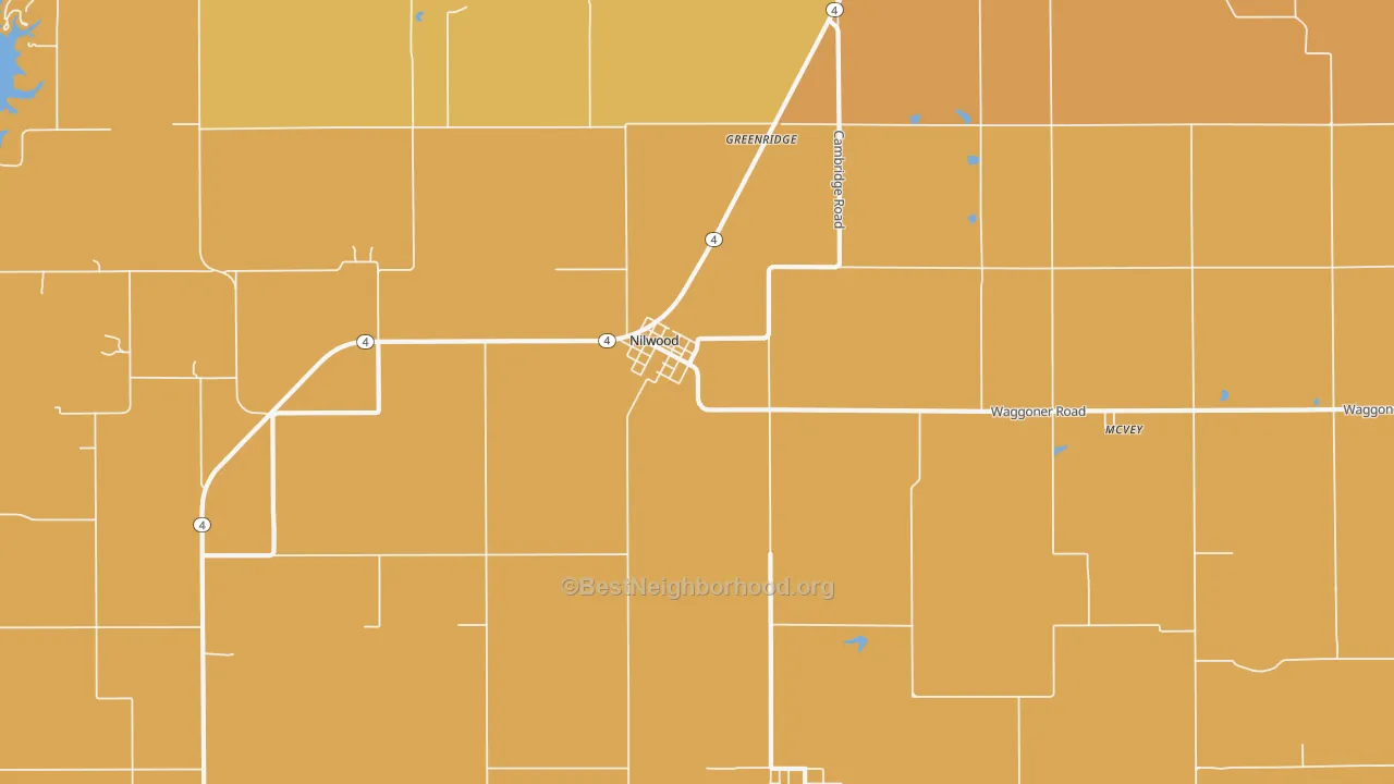 Map of the best neighborhoods in the Nilwood area, with better matches in green and worse matches in red