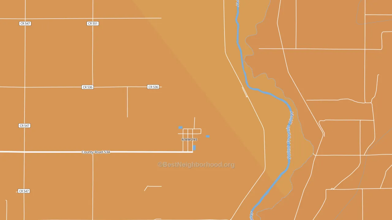 Map of the best neighborhoods in the Nimmons area, with better matches in green and worse matches in red