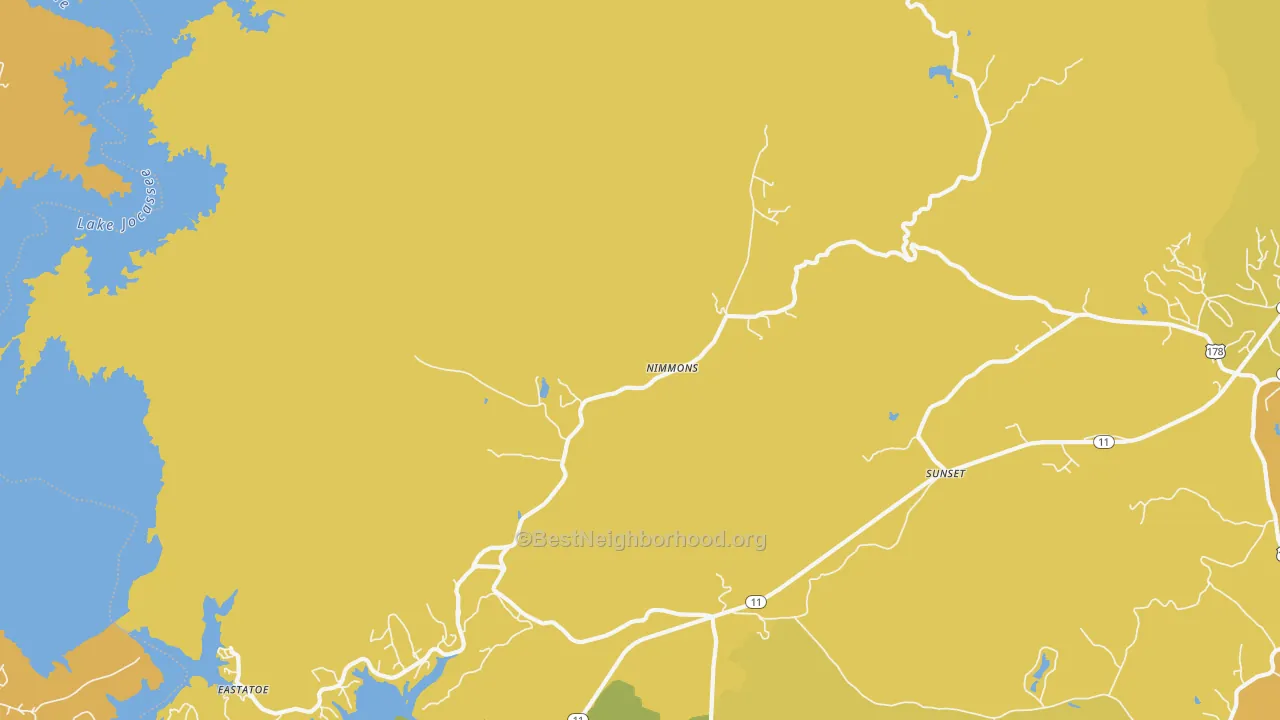 Map of the best neighborhoods in the Nimmons area, with better matches in green and worse matches in red