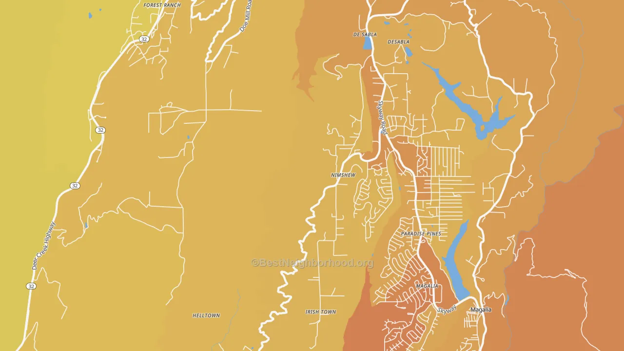 Map of the best neighborhoods in the Nimshew area, with better matches in green and worse matches in red