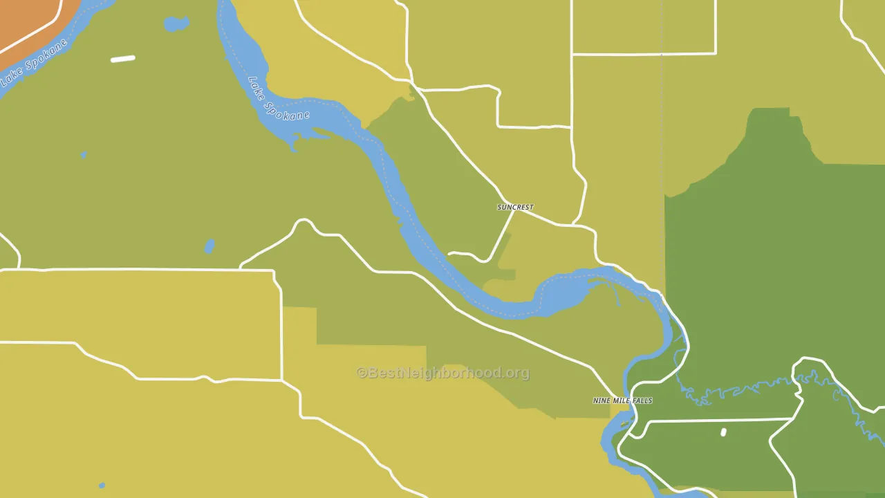 Map of the best neighborhoods in the Nine Mile Falls area, with better matches in green and worse matches in red
