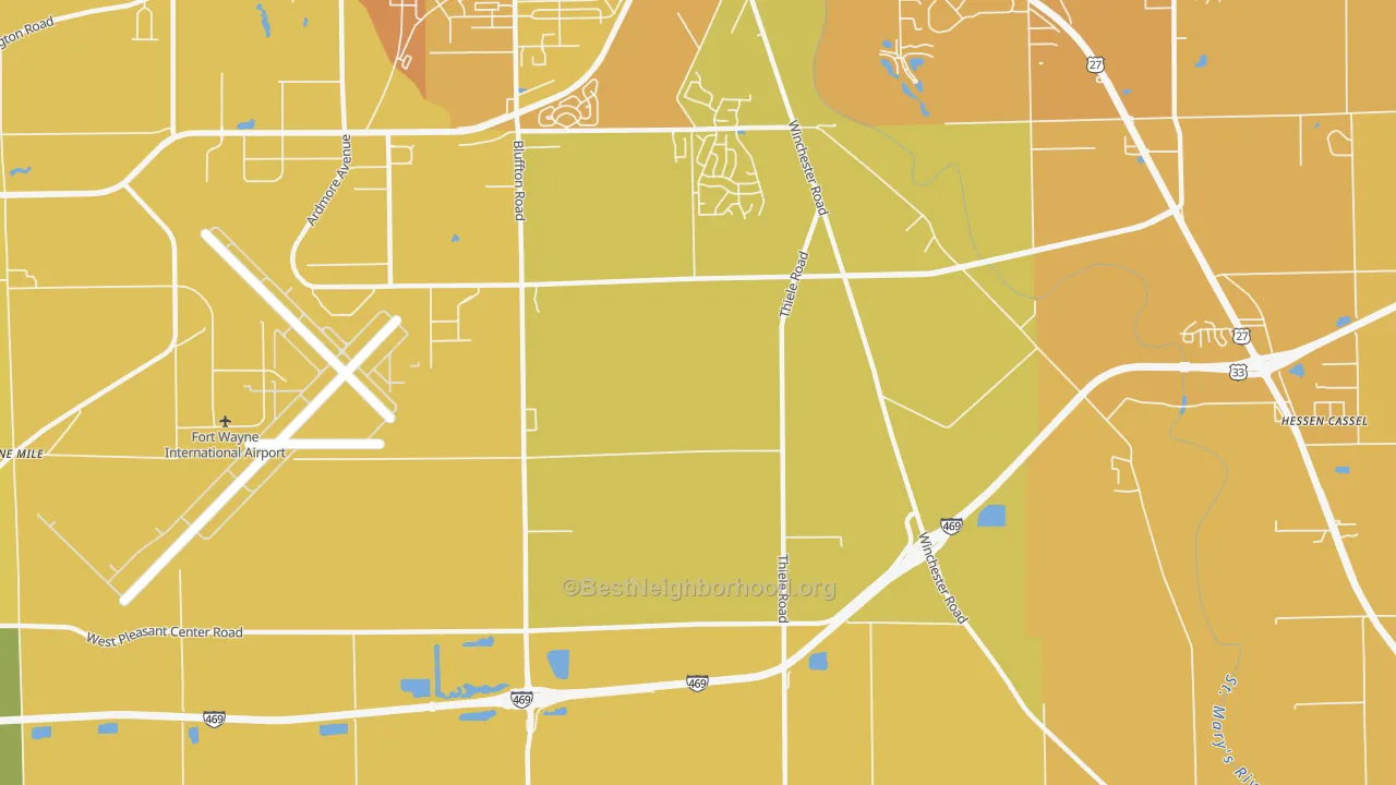 Map of the best neighborhoods in the Nine Mile area, with better matches in green and worse matches in red