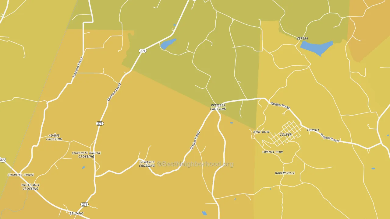 Map of the best neighborhoods in the Nine Row area, with better matches in green and worse matches in red