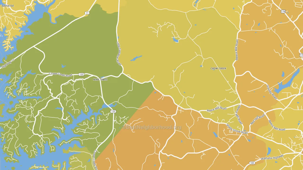 Map of the best neighborhoods in the Nine Times area, with better matches in green and worse matches in red