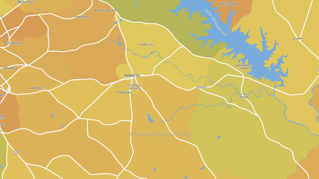 Map of the best neighborhoods in the Ninety Six area, with better matches in green and worse matches in red