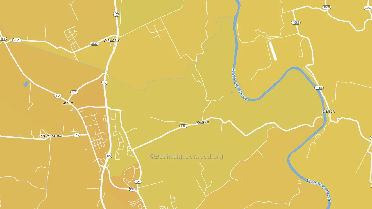 Map of the best neighborhoods in the Ninevah area, with better matches in green and worse matches in red