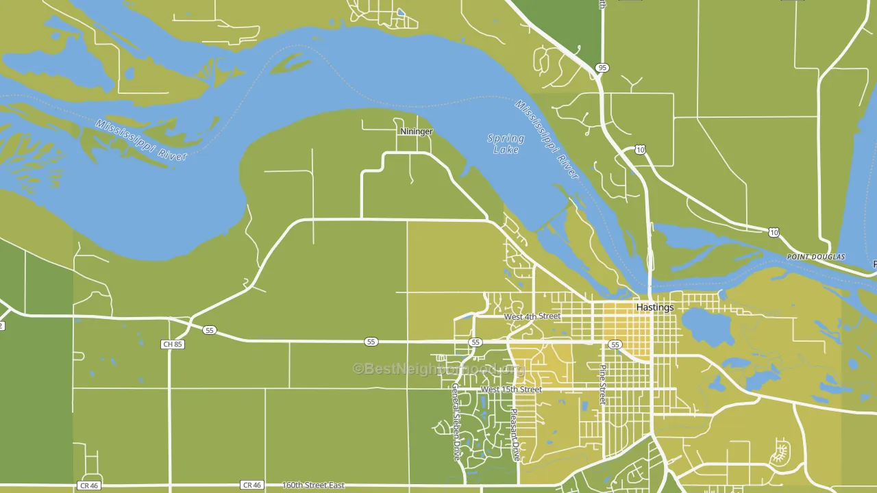 Map of the best neighborhoods in the Nininger area, with better matches in green and worse matches in red