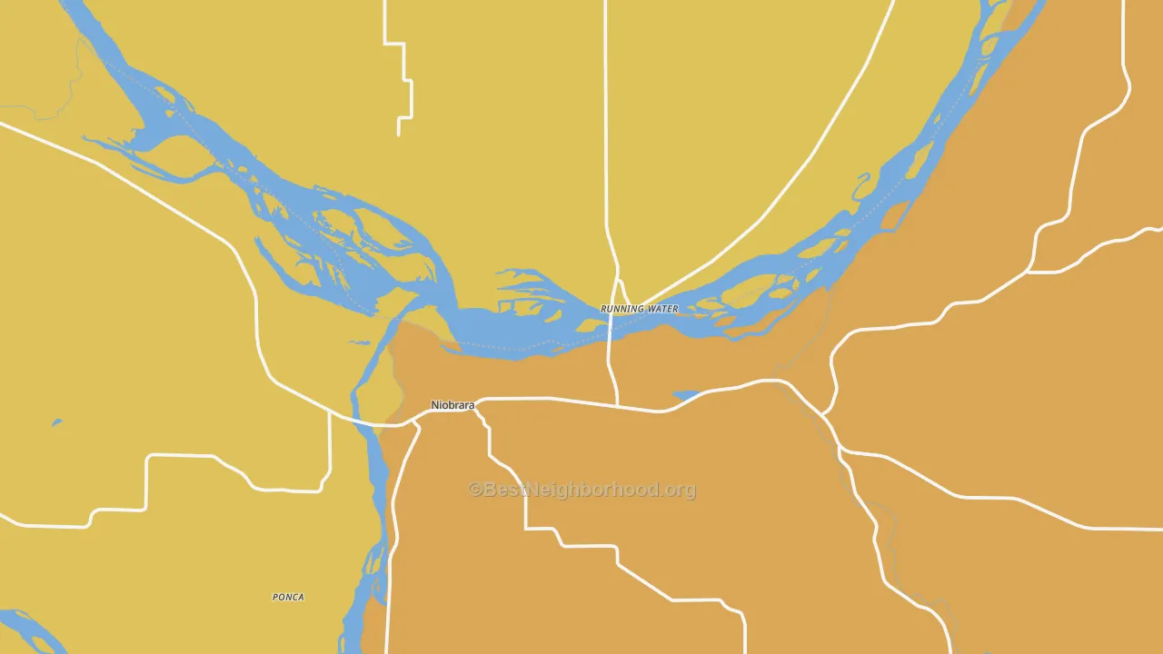 Map of the best neighborhoods in the Niobrara area, with better matches in green and worse matches in red