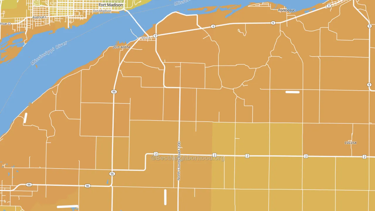 Map of the best neighborhoods in the Niota area, with better matches in green and worse matches in red