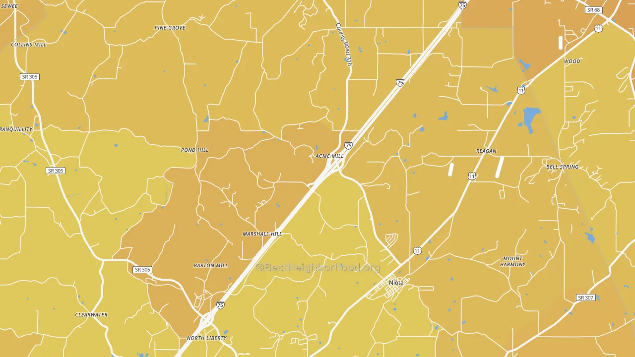 Map of the best neighborhoods in the Niota area, with better matches in green and worse matches in red