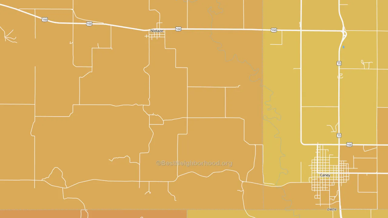 Map of the best neighborhoods in the Niotaze area, with better matches in green and worse matches in red