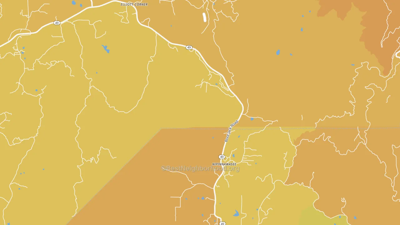 Map of the best neighborhoods in the Nipinnawasee area, with better matches in green and worse matches in red