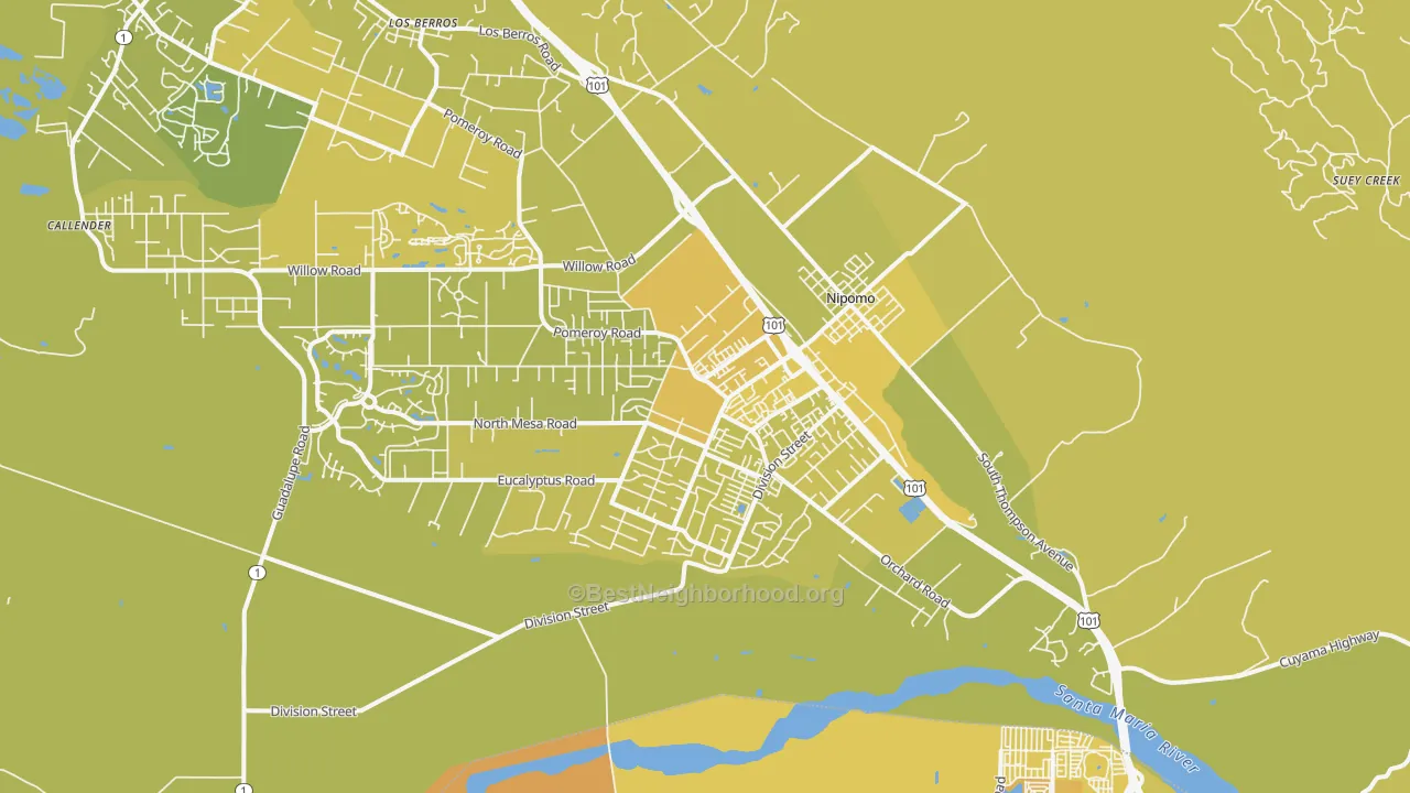 Map of the best neighborhoods in the Nipomo area, with better matches in green and worse matches in red