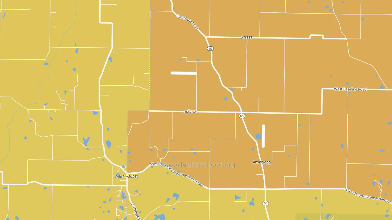 Map of the best neighborhoods in the Nisbet area, with better matches in green and worse matches in red