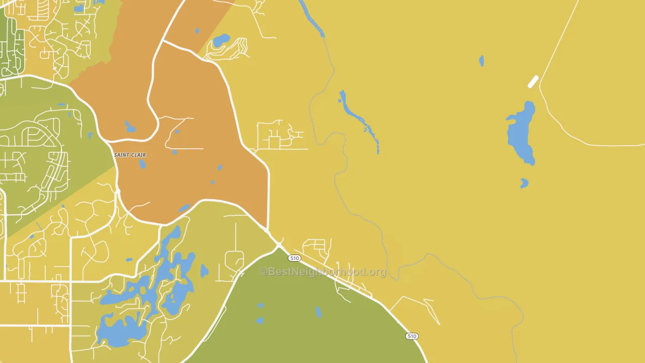 Map of the best neighborhoods in the Nisqually Indian Community area, with better matches in green and worse matches in red