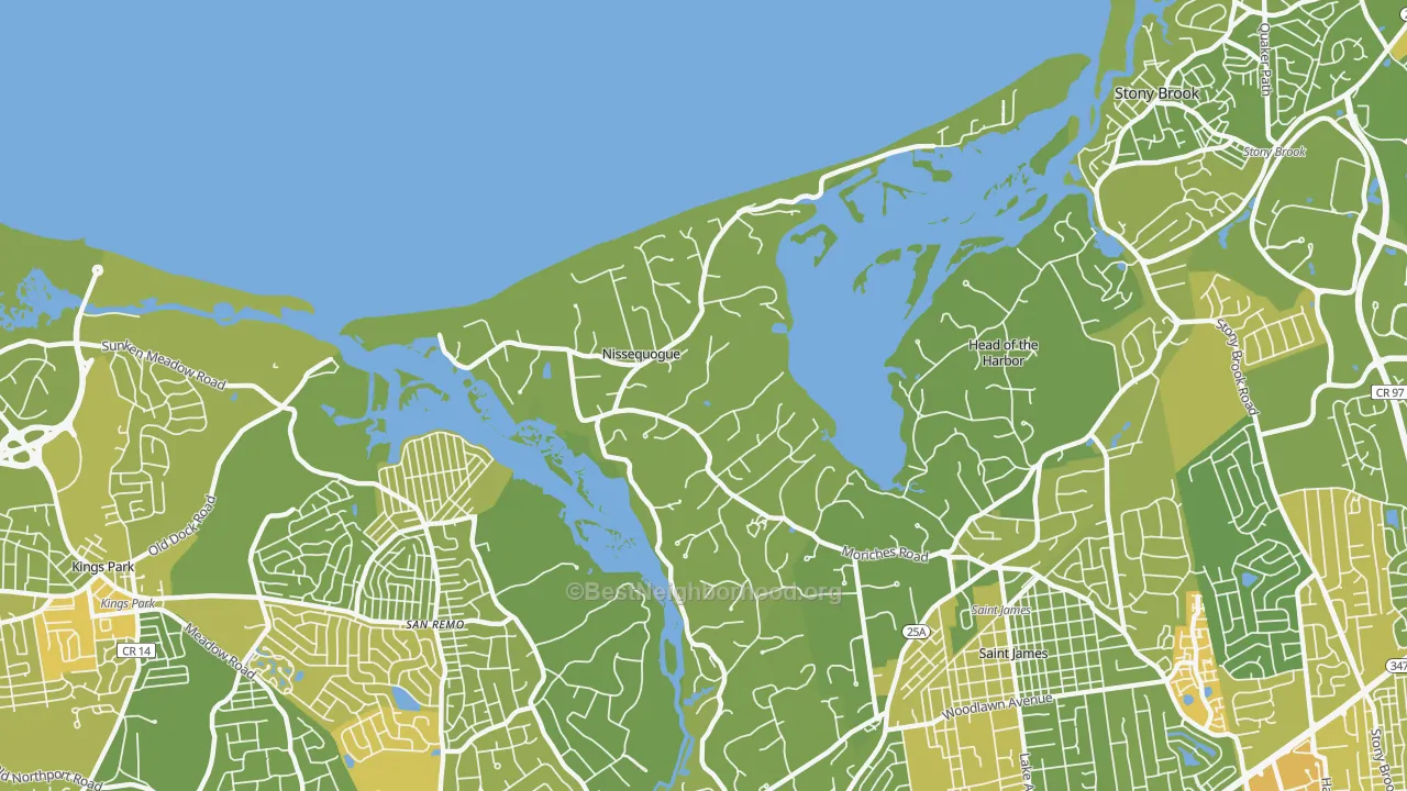 Map of the best neighborhoods in the Nissequogue area, with better matches in green and worse matches in red