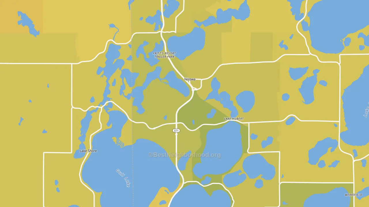 Map of the best neighborhoods in the Nisswa area, with better matches in green and worse matches in red