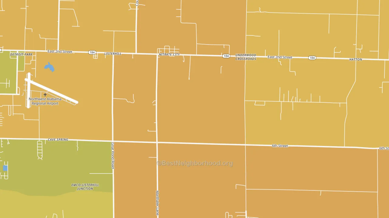 Map of the best neighborhoods in the Nitrate City area, with better matches in green and worse matches in red