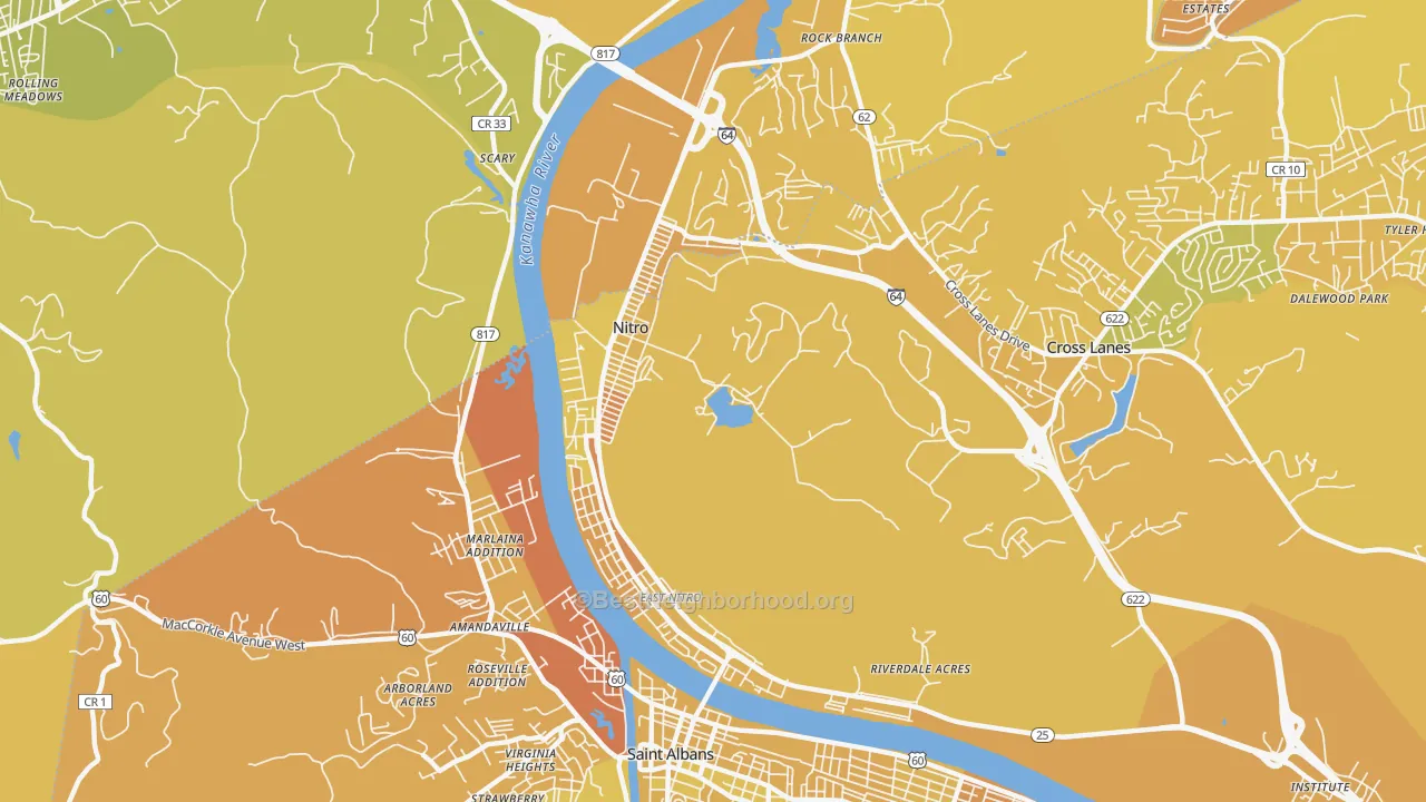 Map of the best neighborhoods in the Nitro area, with better matches in green and worse matches in red