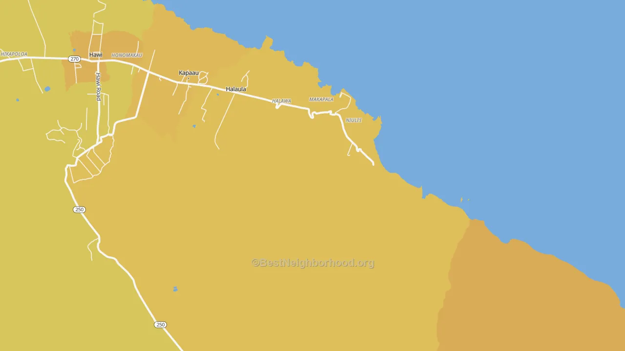 Map of the best neighborhoods in the Niulii area, with better matches in green and worse matches in red
