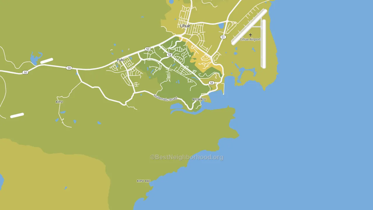 Map of the best neighborhoods in the Niumalu area, with better matches in green and worse matches in red