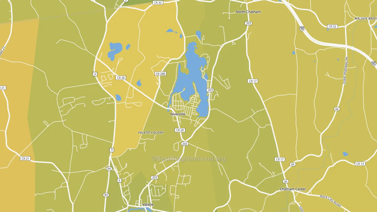 Map of the best neighborhoods in the Niverville area, with better matches in green and worse matches in red