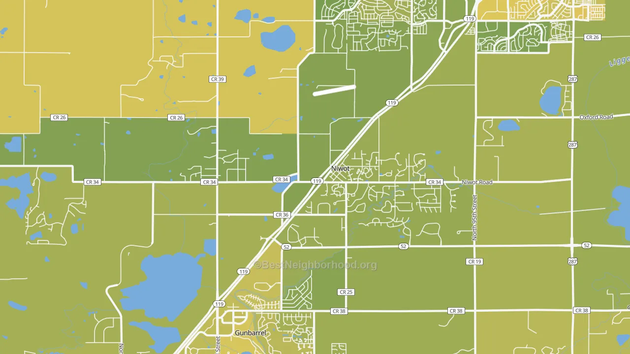 Map of the best neighborhoods in the Niwot area, with better matches in green and worse matches in red