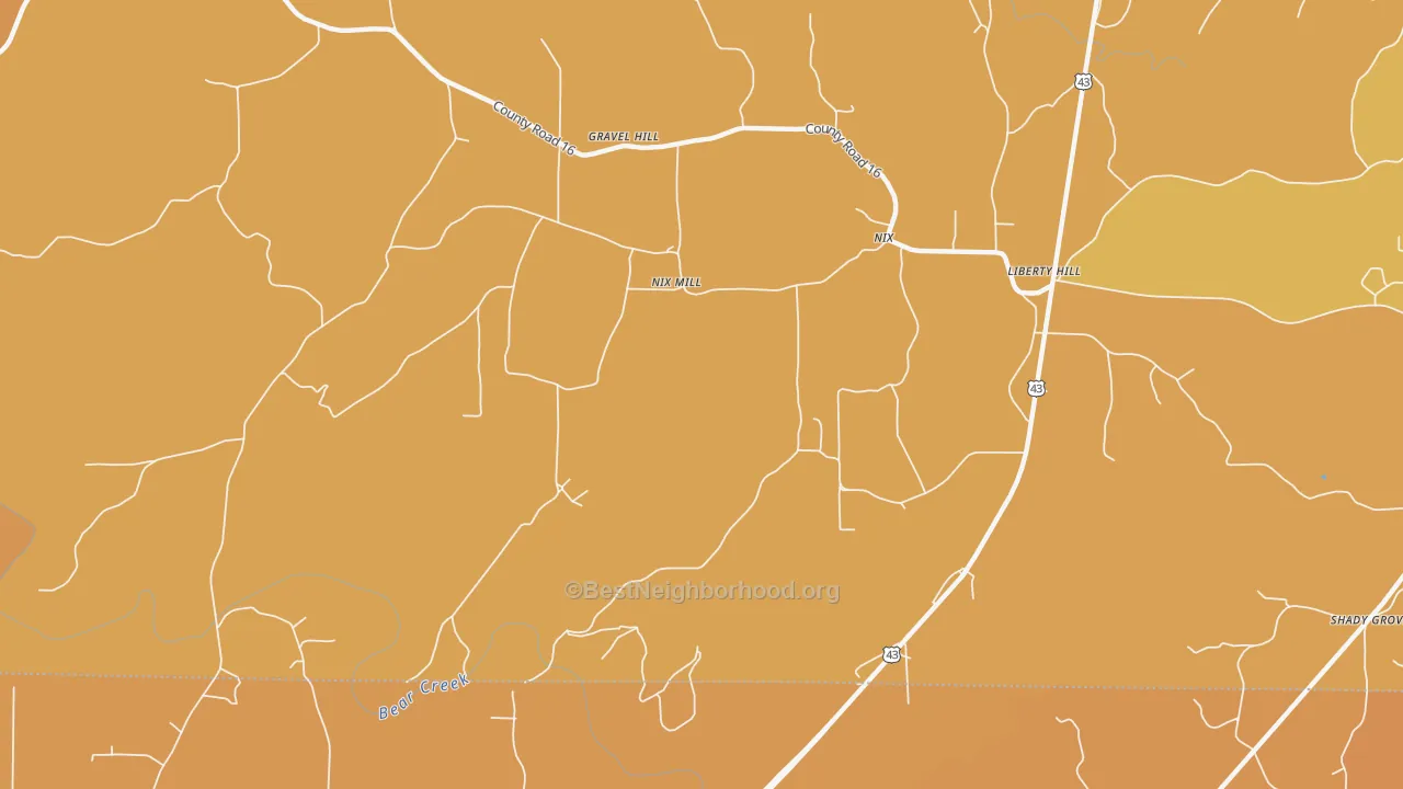 Map of the best neighborhoods in the Nix Mill area, with better matches in green and worse matches in red