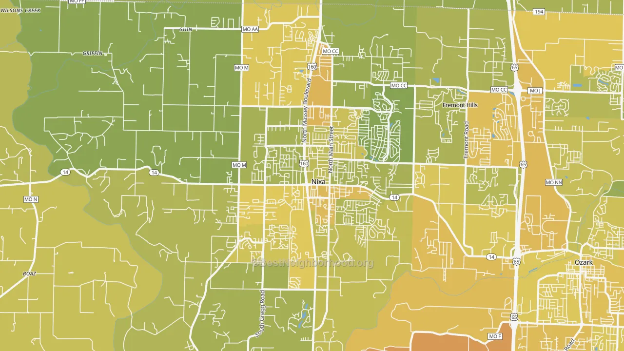 Map of the best neighborhoods in the Nixa area, with better matches in green and worse matches in red