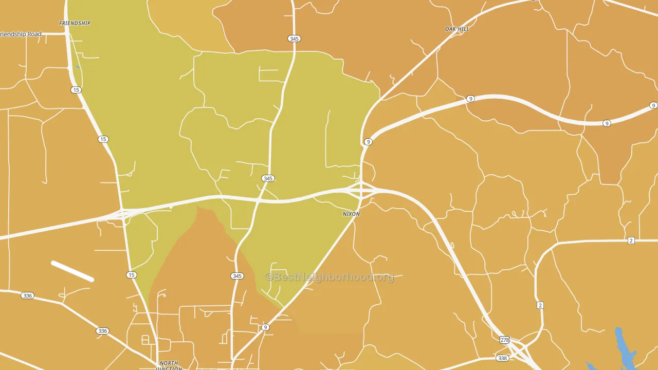 Map of the best neighborhoods in the Nixon area, with better matches in green and worse matches in red