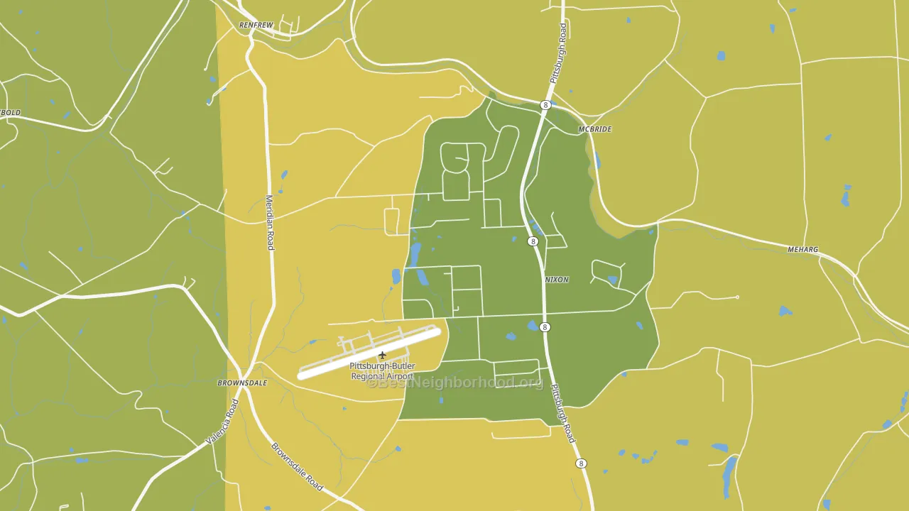 Map of the best neighborhoods in the Nixon area, with better matches in green and worse matches in red