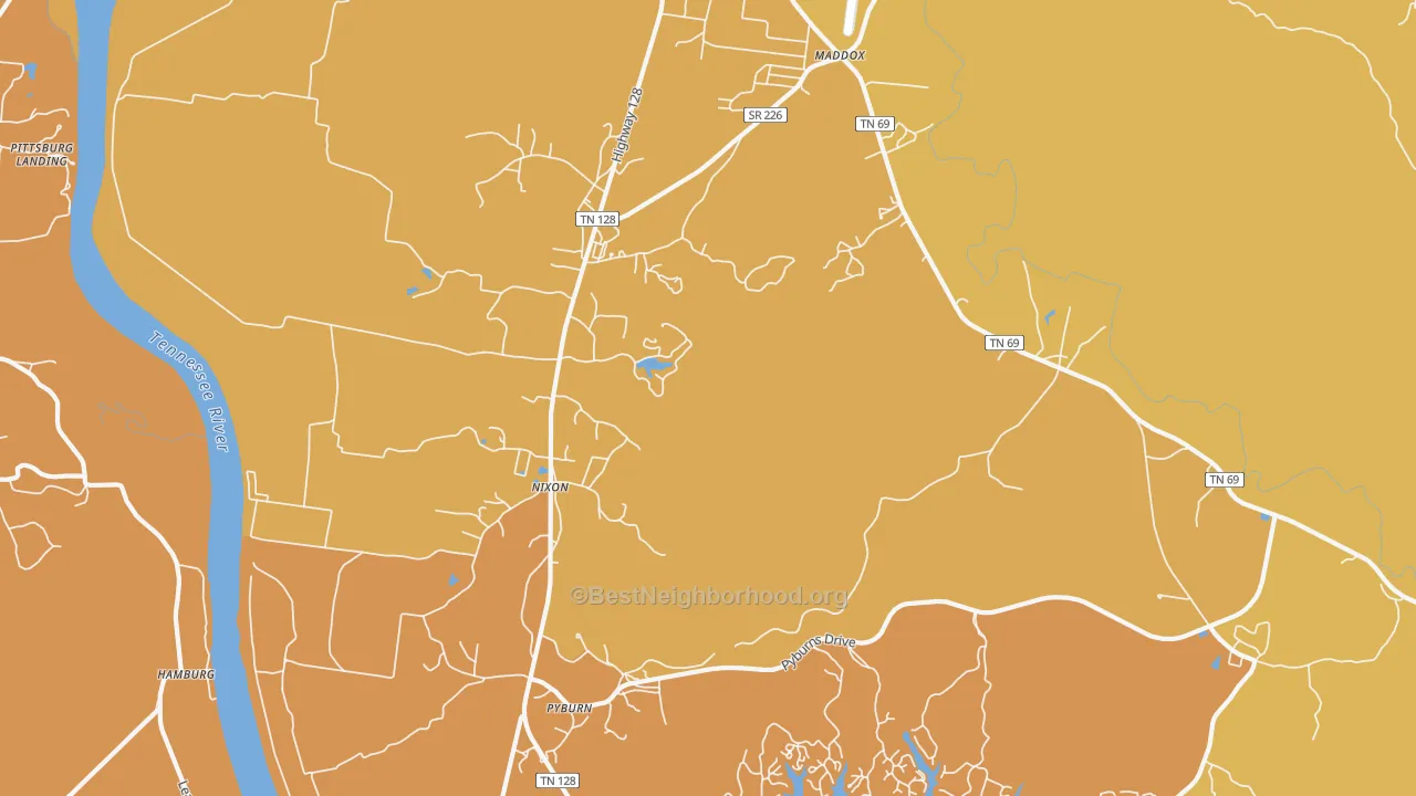 Map of the best neighborhoods in the Nixon area, with better matches in green and worse matches in red