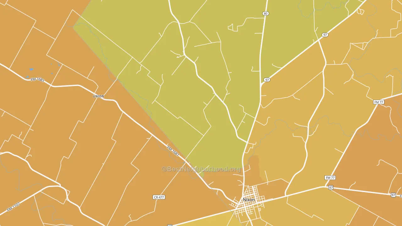 Map of the best neighborhoods in the Nixon area, with better matches in green and worse matches in red