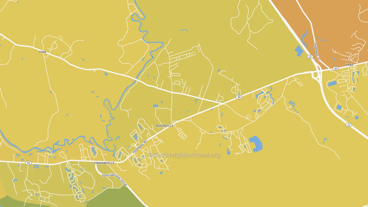 Map of the best neighborhoods in the Nixonville area, with better matches in green and worse matches in red