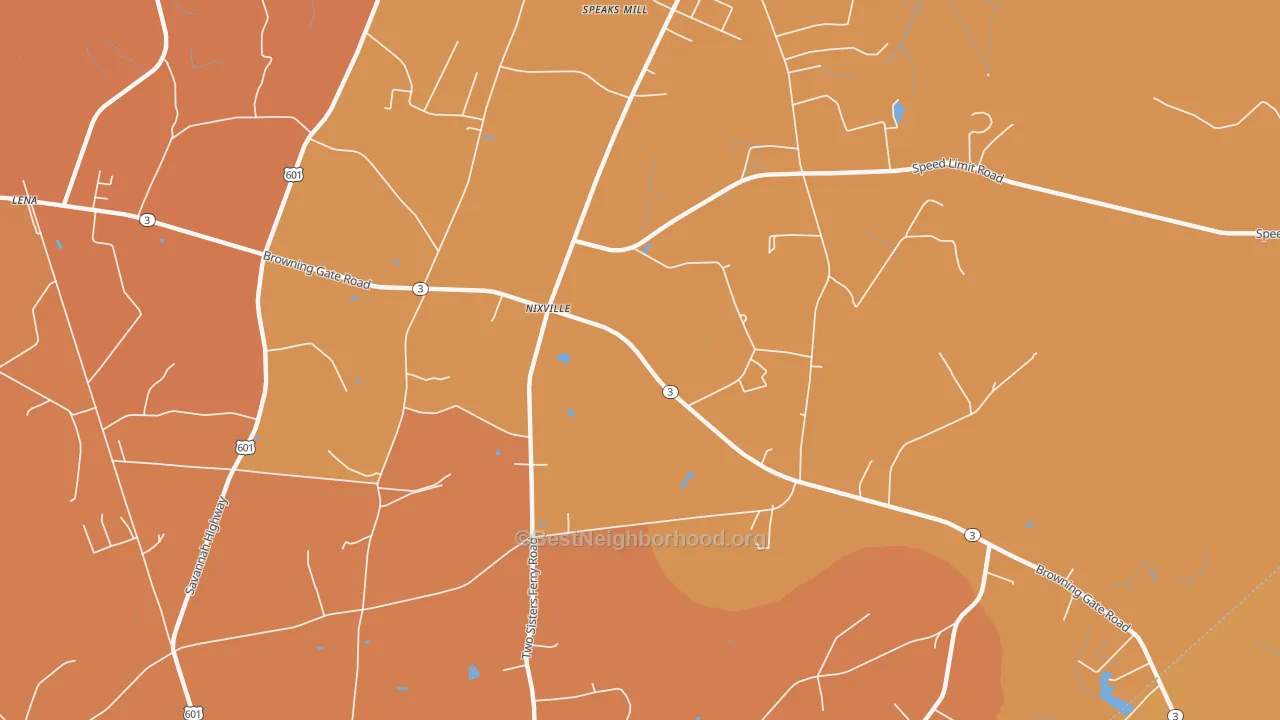 Map of the best neighborhoods in the Nixville area, with better matches in green and worse matches in red