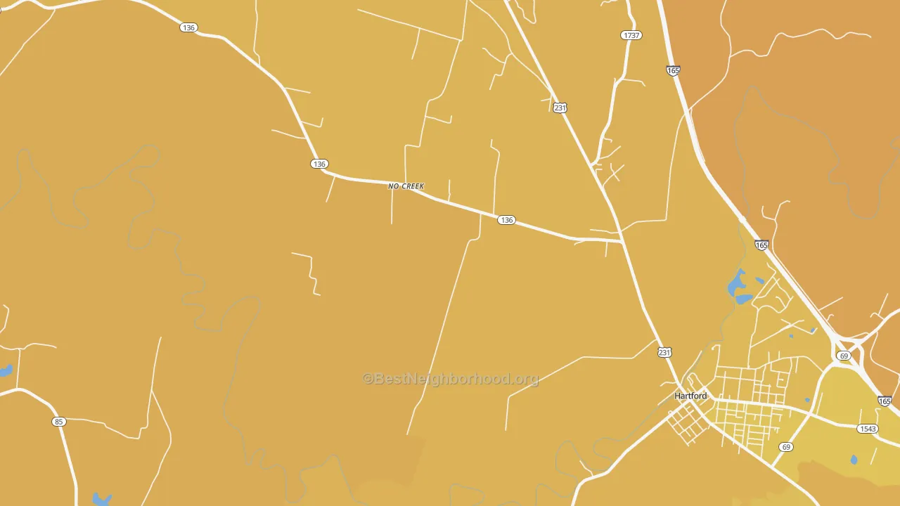 Map of the best neighborhoods in the No Creek area, with better matches in green and worse matches in red