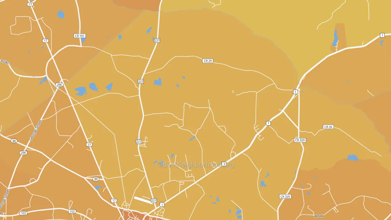 Map of the best neighborhoods in the Noah area, with better matches in green and worse matches in red