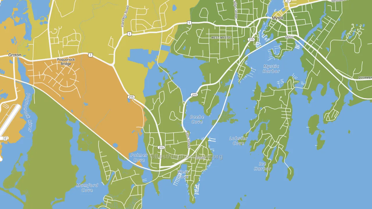Map of the best neighborhoods in the Noank area, with better matches in green and worse matches in red