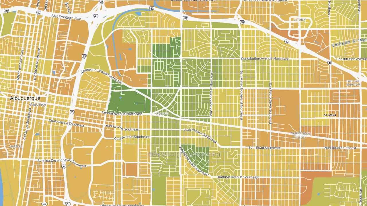 Map of the best neighborhoods in the Nob Hill, Albuquerque area, with better matches in green and worse matches in red