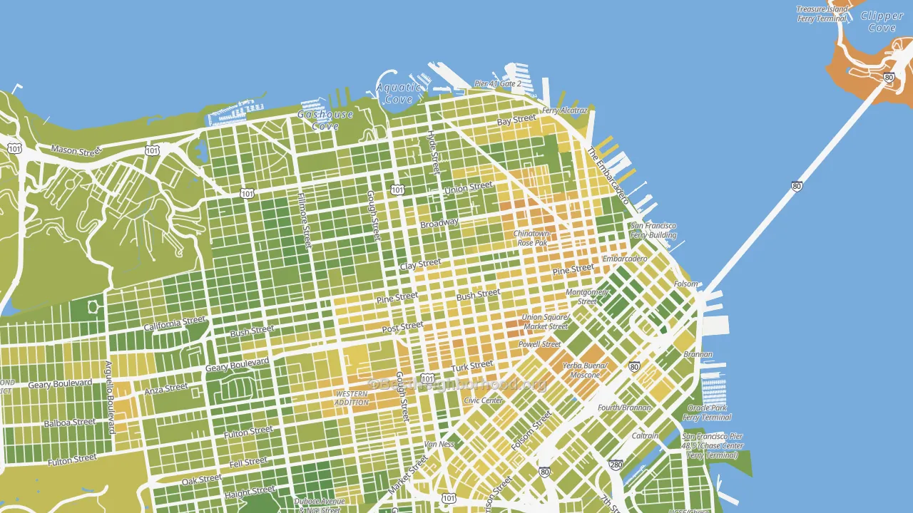 Map of the best neighborhoods in the Nob Hill, San Francisco area, with better matches in green and worse matches in red