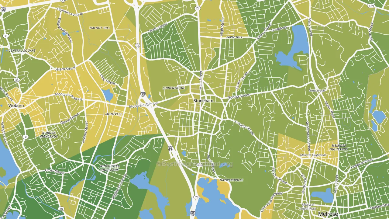 Map of the best neighborhoods in the Nobility Hill Historic District, Stoneham area, with better matches in green and worse matches in red