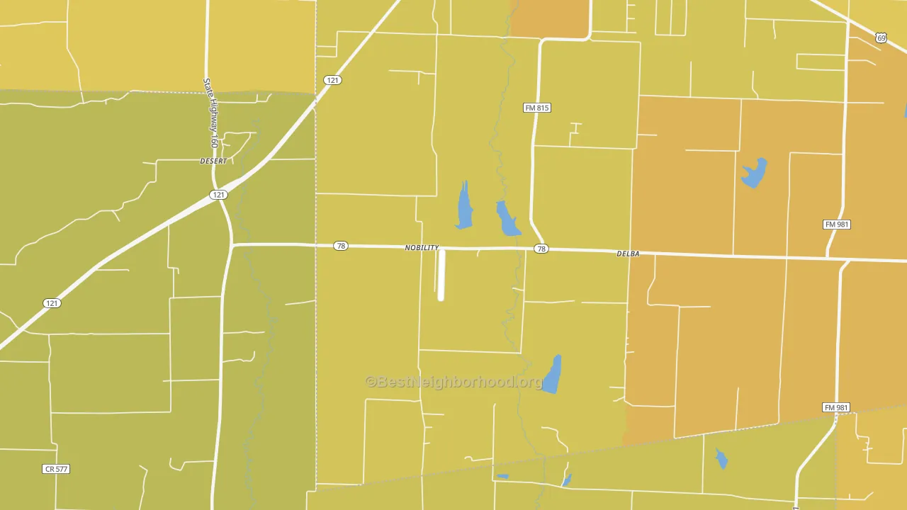 Map of the best neighborhoods in the Nobility area, with better matches in green and worse matches in red
