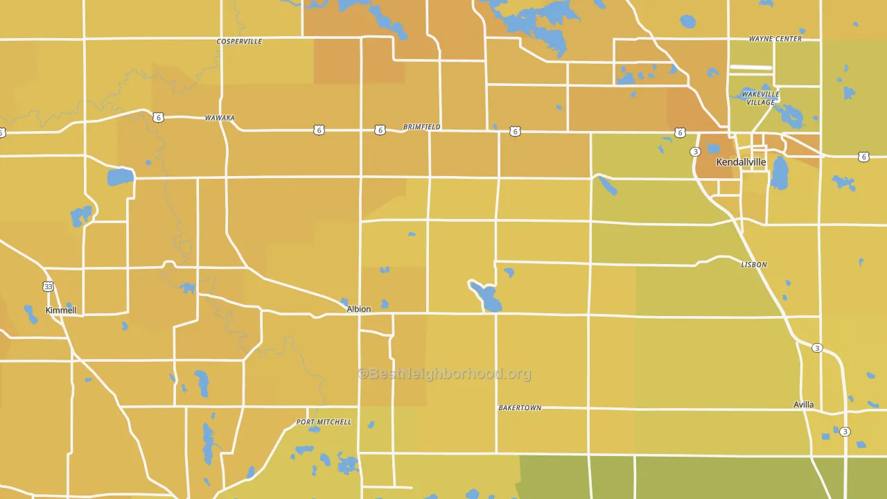 Map of the best neighborhoods in the Noble County area, with better matches in green and worse matches in red