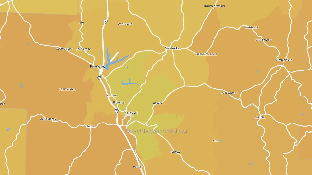 Map of the best neighborhoods in the Noble County area, with better matches in green and worse matches in red