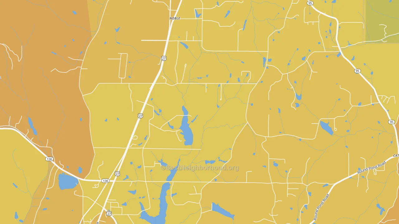 Map of the best neighborhoods in the Noble area, with better matches in green and worse matches in red